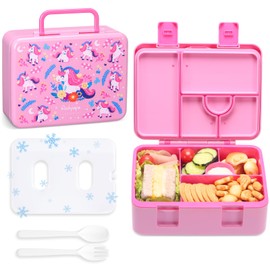 rockpapa 5 Compartment Bento Lunch Box with Ice Pack for Kids, Leak Proof, Dishwasher Safe, BPA Free Materials, 47oz Snack Bento Box with Utensils & Handle for Boys Girls Ages 3+ (Pink Unicorn)