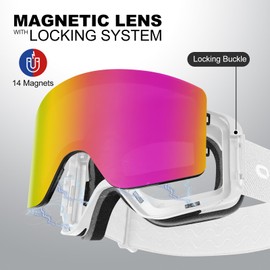 Odoland Ski Goggles for Men and Women Boys Ski Goggles Anti-Fog UV Protection with Magnetic Interchangeable Lens Snowboard Goggles Helmet Compatible for Snowboard Skiing White Pink