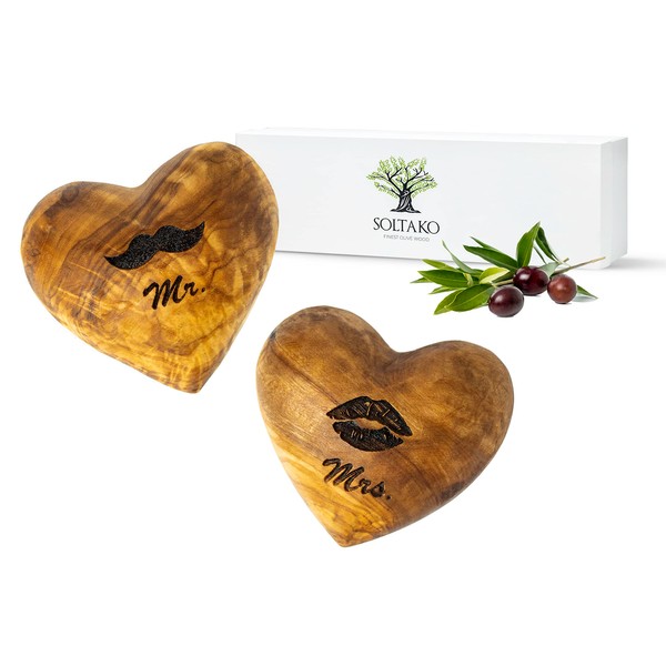 SOLTAKO High-quality olive wood hearts, table decoration, just married, wedding gift for newlyweds, Mr and Mrs set of 2, gift for wedding, Valentine's Day, Christmas, anniversary, birthday, 6 cm
