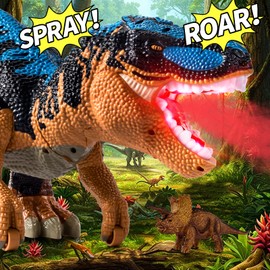 BLmukce Dinosaur Toys for Kids 3-5, Big Dinosaur Toy with Lights, Sounds & Mist Spray, Glideable Wheels, 10+ Mini Dinos Belly Storage Interactive Realistic T-Rex Action Figure for Boys Birthday Gift