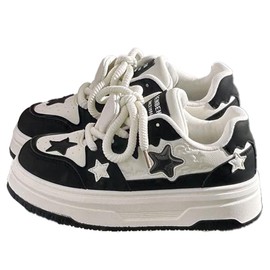 Womens Y2K Sneakers Chunky Cute Star Preppy Kawaii Platform Shoes Laces Up Streetwear for Women Girl Walking Fit Well (Black-White,7)