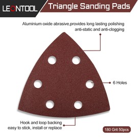LEONTOOL 50 Pcs Triangle Sanding Pads 180 Grit 3-1/2 Inches Hook and Loop Triangle Sandpaper 6 Holes Oscillating Multitool Sanding Pads Detail Sander Sandpaper for Wood Metal Stone Polishing