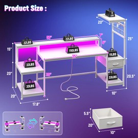 DurayLoly 63" Gaming Desk with LED Lights & Outlets,Computer Desk with Drawers & Monitor Stand,Gaming Table with Storage Shelves & Printer Space for Game Room,Study Room,Home Office,Bedroom,White