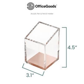 OfficeGoods Acrylic Pen & Pencil Holder - Modern Trapezoid Design - Beautiful Desk Organizer for Home or Office - 3" Square w/ 3.5" Front & 4.5" Back - Clear Rose Gold Metal