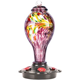 LUJII Hand Blown Glass Hummingbird Feeder for Outdoors Hanging with Ant Guard, 25 fl.oz, Leak Proof & Rustproof, Metal Base with 5 Feeding Ports & 5 Perches, Unique Garden & Backyard Decor (Purple)