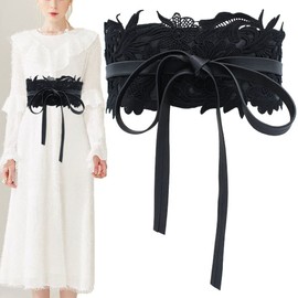 Women's Lace Flower Waist Belt Bow Tie Wrap Around Soft Leather Boho Corset Sweet Elegant for Dresses, Black, Plus Size