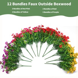Artificial Flowers for Indoor & Outdoor Decoration - 12 Bundles Faux Daisies with Eucalyptus Leaves Fake Greenery for Garden, Home, Porch, Patio, Boxwood (12 Pcs Mix Pink Red Purple Yellow)