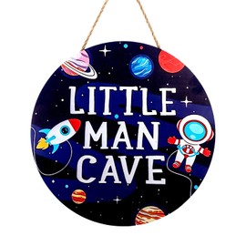 Little Man Cave Sign, Wooden Circle Door Sign Nursery Wall Decor Wooden Sign Space Decor Toddler Room Hanging Decor Baby Boy Nursery Decor for Kids Boy Bedroom Living Room Decorations