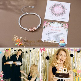 BMMYE 50th Birthday Gifts for Women, Sterling Silver Bracelet with Rose Gold Rings Adjustable Silver Beaded Bracelet with Birthday Cards Gifts for Women Sister Friends Mum Grandma