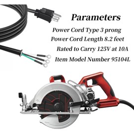 95104L Heavy-Duty Replacement Power Cord for SKILSAW Worm Drive Saws SPT77WM, SPT77WML, SPT78W - 3 Pin, 8.2FT/2.5M Black Cord