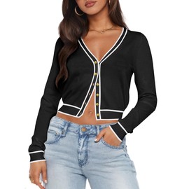 Ezbelle Women's Cardigan Sweater Knit Blouse V Neck Crop Shirt Button Down Long Sleeves Black Striped Tshirt Lightweight Jacket Striped Top L