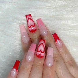 Valentine's Day Press on Nails Medium Coffin Fake Nails Pink French Tip Glue on Nails Acrylic Nails Press ons Heart Design Swirl False Nails Glossy Valentines Stick on Nails for Women Girls 24 Pcs