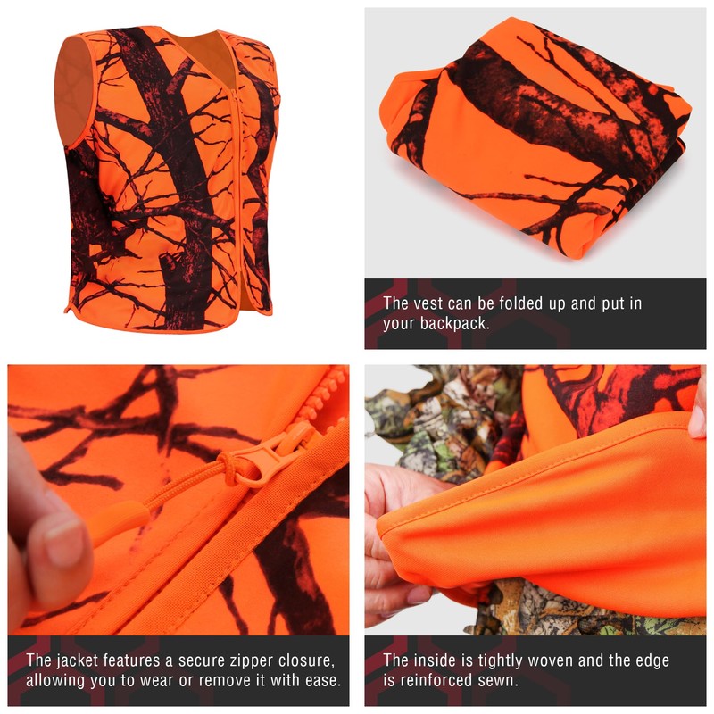 Avizon Men's Hunting Vest Orange Camouflage Hunting Vest Zipper Closer