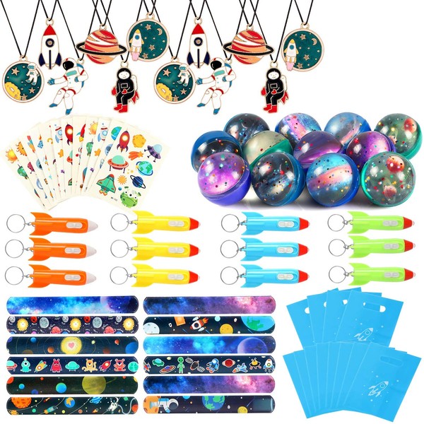 Lorfancy Outer Space Party Favors Supplies Space Toys, Slap Bracelets Tattoo Stickers Bouncy Ball Helicopter Keychains Space Pendant Gift Bag Accessories Birthday Party for Kids