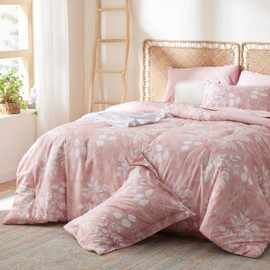 Bedsure Queen Comforter Set - 7 Pieces Floral Pink Soft Bedding Sets, Queen Bed in a Bag with Botanical Flowers Comforter, Sheets, Pillowcases & Shams