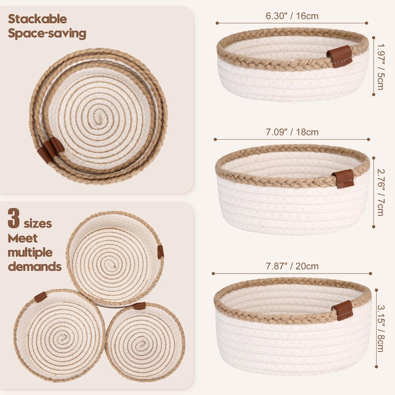Sea Team 3-Pack Round Cotton Rope Storage Baskets Jute Braided
