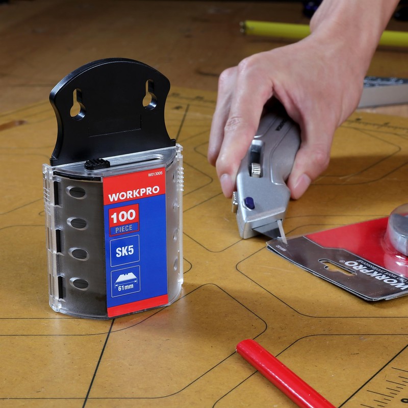 WORKPRO Utility Knife Blades, SK5 Steel, 100-Pack Blades with Dispenser