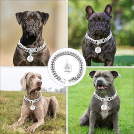Silver Dog Chain Collar with Dog Tag Pendent Cuban Collar Necklace Metal Chain Collar Stainless Steel Pet Cuban Links Collars for Dogs(18inch)