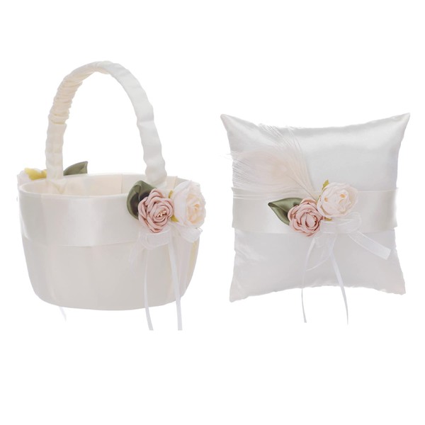 JYCRA Wedding Ring Pillows, Flower Girl Basket Set, White Satin Flower Basket with Artificial Roses and Ring Pillow for Wedding