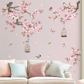 wondever Cherry Blossom Flowers Wall Stickers Pink Floral Branch Birdcage Peel and Stick Wall Art Decals for Living Room Bedroom TV Wall