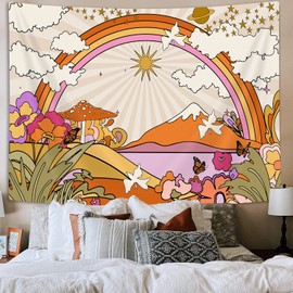 TOMOZ Vintage 70s 60s Groovy Tapestry, Retro Flowers Clouds Sun and Rainbow Tapestry Wall Hanging, Orange Boho Hippie Psychedelic Tapestry for Bedroom Living Room Dorm Decor 40 x 30Inch