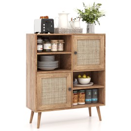 Giantex Buffet Cabinet, Wood Sideboard Storage Cabinet, 2 Rattan Doors & 2 Cubes, Farmhouse Coffee Bar Accent Cabinet, Freestanding Cupboard Organizer for Living Room Kitchen Hallway