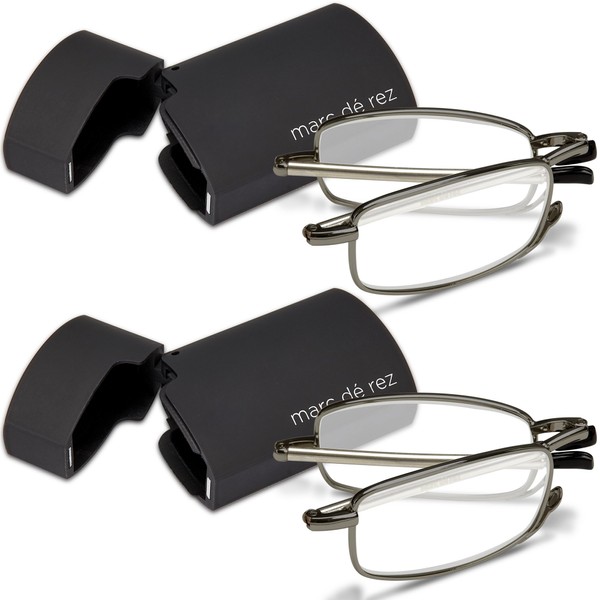 Marc De Rez Foldable Reading Glasses +1.00-2 Pack - Mini Flip Top Cases - Gunmetal Grey Folding Prescription Readers For Men and Women