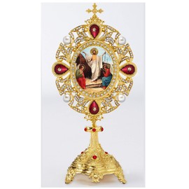 Resurrection of Jesus Christ Icon Image Monstrance Reliquary Shrine with Cross Pearls 7 Inch