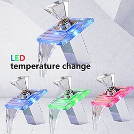 BIJKHSISN Basin Faucet Waterfall LED 3 Color Glass Outlet Bathroom Battery Powered Basin Mixer Tap Chrome Deck Mounted Hot Cold Tap