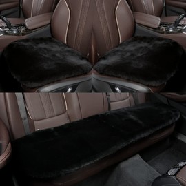 IRIWOOL Genuine Sheepskin Auto Seat Pad, Australian Soft Wool Seat Cover Breathable and Sweat-Wicking Universal Fit (Front seat Cushion 2pcs & Rear seat Cushion 1pc, Black)
