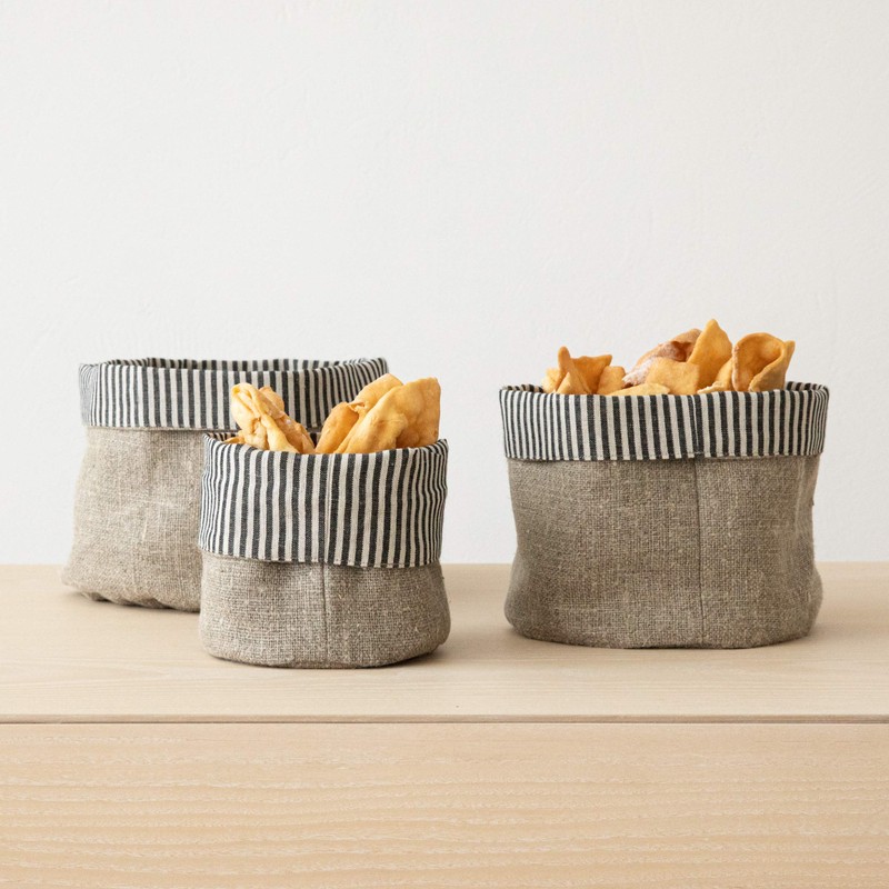 LinenMe Black Natural Striped Linen Cotton Basket Jazz, MEDIUM (20
