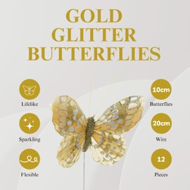 Corsage Creations Gold Glitter Butterflies | 10cm Butterflies with 20cm Wire | Ideal for Bridal Bouquets, Wrist Corsages & Floral Arrangements | Pack of 12 (Gold)
