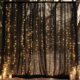 10ft x 10ft Black Backdrop Curtain with Lights String for Parties, Sheer Tulle Wedding Photo Backdrops Drapes for Baby Shower Birthday Party Decorations Background for Photography