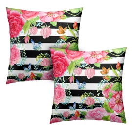 Kwlegh Spring Summer Pillow Covers 18x18 Set of 2 Rose Throw Pillow Covers Butterfly Flowers Pillow Case Black Stripes Cotton Blend Cushion Case for Home Decor Couch Sofa