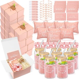 FillTouch 72 Pcs Bridesmaid Proposal Gifts, Maid and Matron of Honor Gifts, Bridesmaid Gift Sets Include Gift Box Glass Cup Makeup Bag Cards Lip Balm Hair Scrunchie Knotted Bracelet(Pink)