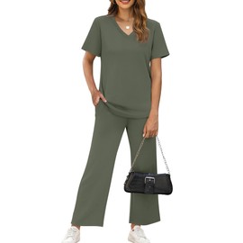 WIHOLL 2 Piece Sets For Women Summer Lounge Set Business Casual Date Outfits Track Suits Athleisure Pajamas Wide Leg Pants Woman Resort Wear 2025 Olive Green M