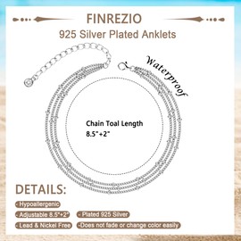 Finrezio 925 Sterling Silver Anklet Bracelet for Women Dainty Layered Waterproof Adjustable Silver Anklet Beaded CZ Heart Anklet Foot Jewelry D