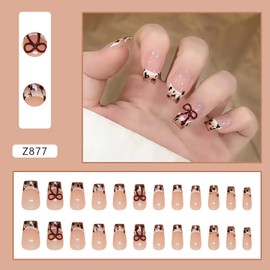 Press on Square Nails Medium Glossy Full Cover Acrylic French False Nails with Leopard Bow Designs Artificial Square Shaped Fake Nails with Charm Glue ons Nails Stick on Fingernails for Women Girls