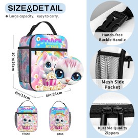 TREKTOTS Cat Insulated Lunch Bag for Girls Ages 6-8, Large Capacity Thermal School Lunch Box with Detachable Handle, Perfect for Kindergarten & Elementary