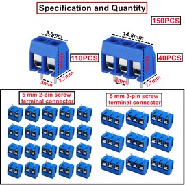 HUAZIZ 150 Pieces Blue 2/3 Pin PCB Mount Screw, 5 mm Terminal Block, Screw Terminal Connector + 1 Piece Yellow Screwdriver for Arduino