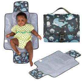 BabbleRoo Baby Changing Pad Portable w/ Pockets & Extra Head Support,Sea Animals