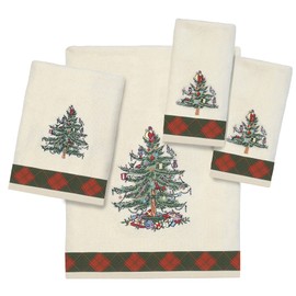Spode Avanti Linens Bath Towel, Soft & Absorbent Cotton, Holiday Home Decor Christmas Tree Tartan Collection, Ivory