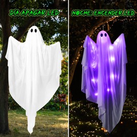 SlowTon Fantasma Colgante LED de Halloween con 3 Modos de Luz, Decoración Espeluznante de 120 cm para Exteriores, Decoración de Fantasmas Voladores con Luz para Jardín, Patio, Pórtico y Árbol (Morado)
