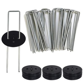 50 Pack 6" Inch Landscape Staples with Gasket Washer Caps - Metal Garden Stakes Landscape Fabric Staples for Gardening, Landscaping, Sod Fence Yard Lawn Ground Weed Barrier Mat Pins (50, Galvanized)