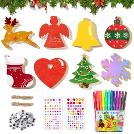 Christmas Tree Decorations, 80 Pieces Christmas Baubles Wooden Pendants with Coloured Pens and Stickers, 8 Christmas Patterns, Tree Decoration Christmas, Wooden Pendants Christmas for Painting