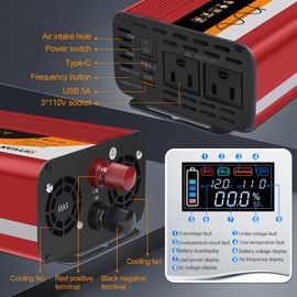 500W Pure Sine Wave Inverter, 12V/24V Auto-Detect, 50Hz/60Hz Switchable, LCD Display, Type-C Fast Charging, Silent Design, Overload & Overheat Protection for RV, Home