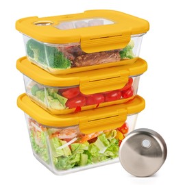 SealVax®SEASON•SEAL Vacuum-Sealed Food Storage & World’s First Cycle Marinating Set with Auto-Stop Vacuum Sealer, Includes 75 fl oz+Two 46 fl oz Glass Containers - 100% Leak Proof, BPA-FREE (Yellow)
