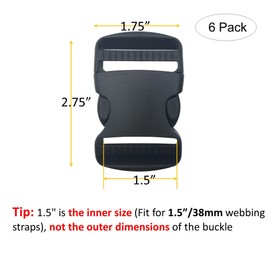 EesTeck 6 Set 1.5 Inch Flat Dual Adjustable Plastic Quick Side Release Plastic Buckles and Tri-Glide Slides for Luggage Straps Pet Collar Backpack Repairing (Black, Fit for 1.5”/38mm Webbing Straps)