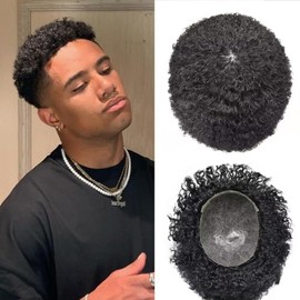 Hair Units For Black Men Brazilian Human Hair Replacement System Afro Coily Toupee For Black Men Hair Piece Injection Skin PU Kinky Curly African American Afro Wigs #1B Off Black Afro wave 8mm