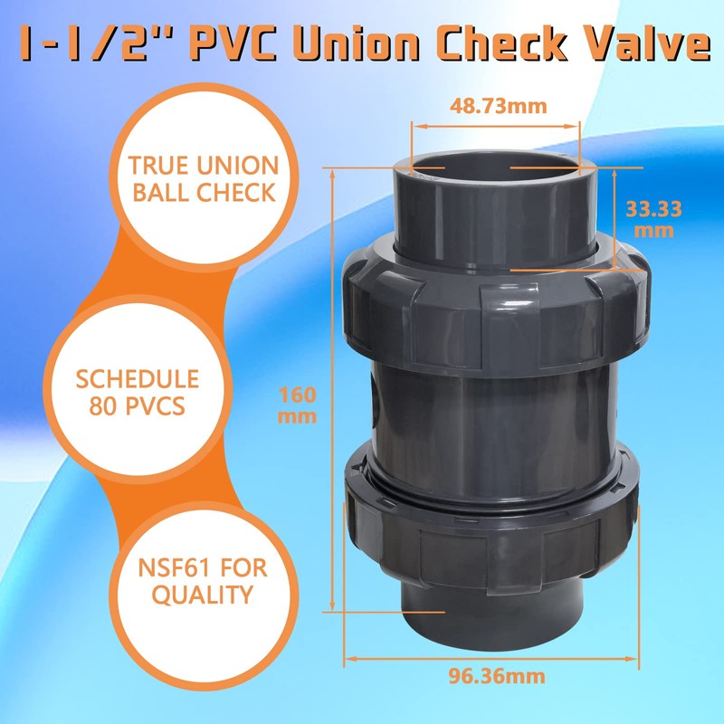 PVC True Union Check Valve, 1-1/2’’ Slip Swing Full Port
